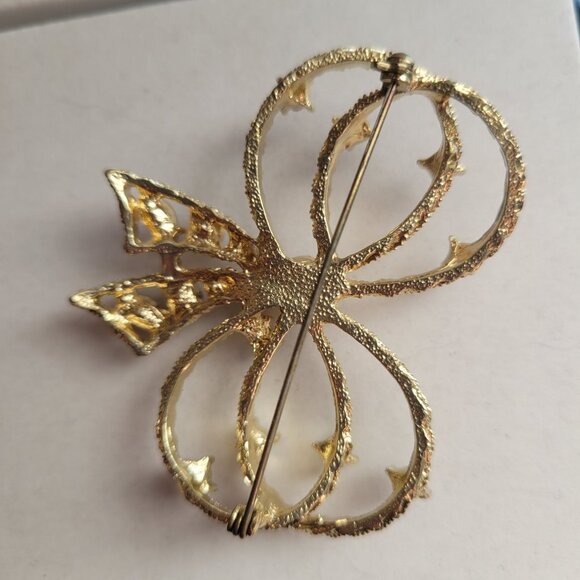 Vintage Gold-Tone Bow Brooch With Faux Pearls & Black Gems - Picture 2 of 4